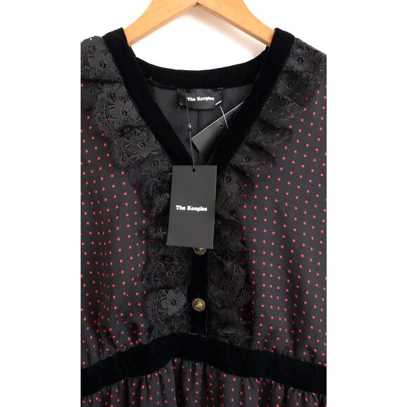 THE KOOPLES Lace Velvet Trim Polka Dot V-Neck Shirt Dress Nordstrom NWT M $325 - Picture 4 of 13